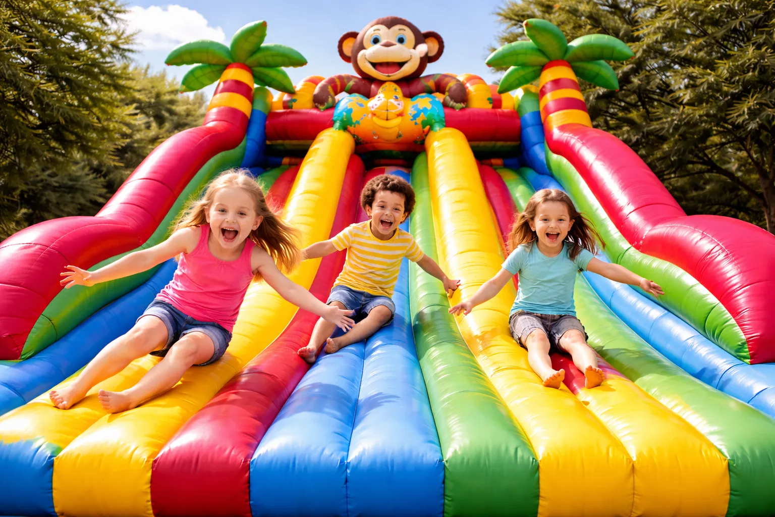 Komerčná nafukovacia šmýkačka pre deti s farebným tropickým dizajnom