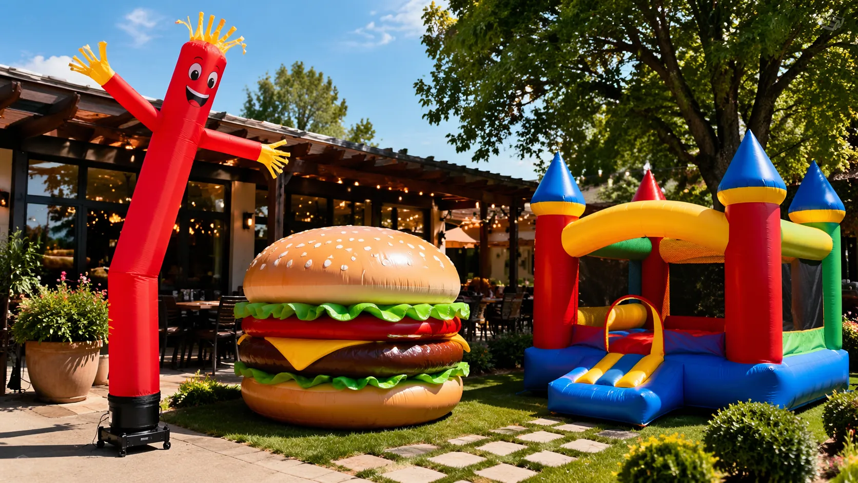 Nafukovacie atrakcie pre family friendly prevádzky s air dancerom, 3D burgerom a skákacím hradom